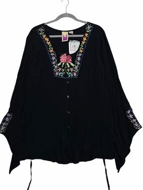 ORIGINAL ANTHONY NWT Black Floral Embroidered Button Down Bell Sleeve Top 1X
